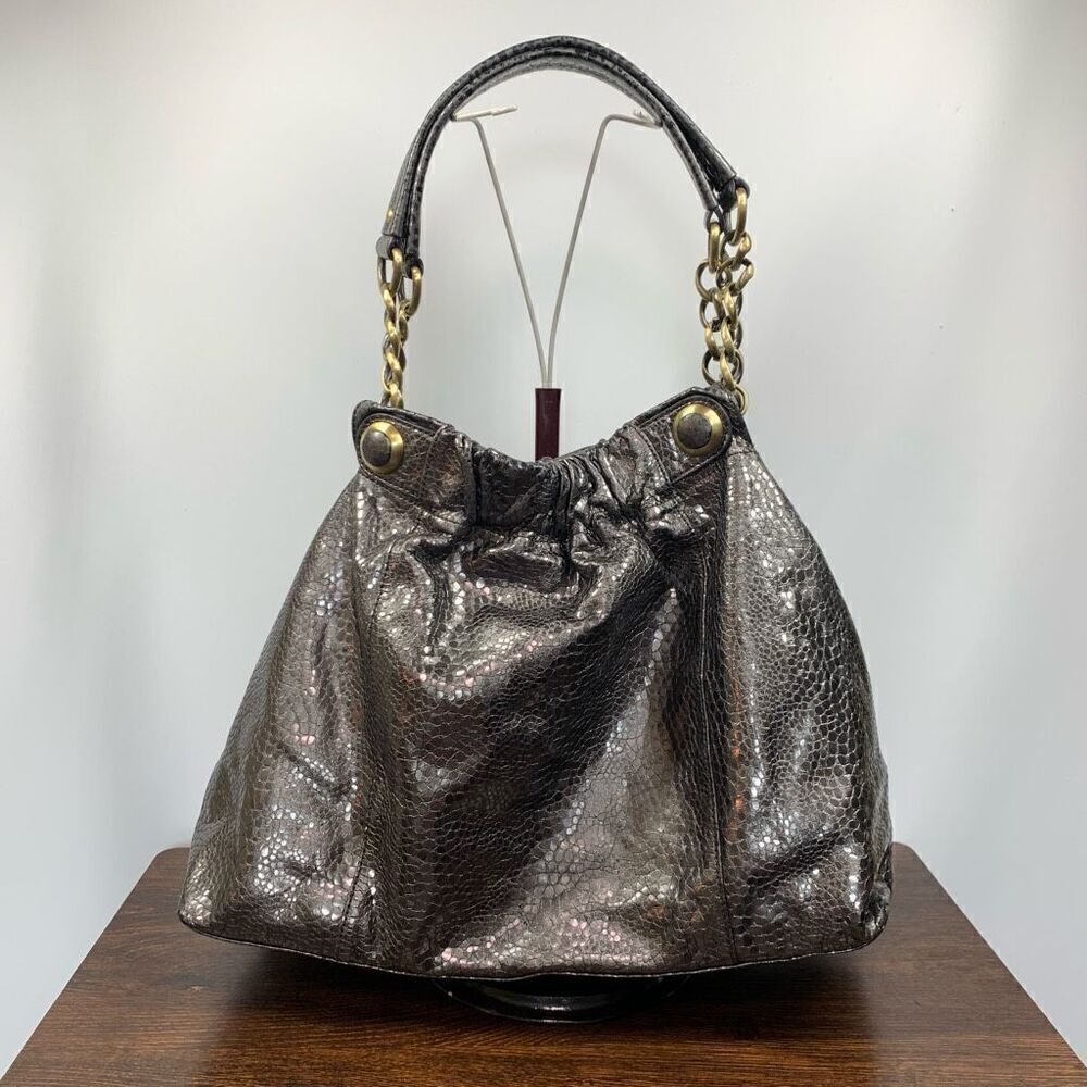 Cynthia Rowley Women's Metallic Snakeskin Pattern Gold Tone Hobo Bag Brown